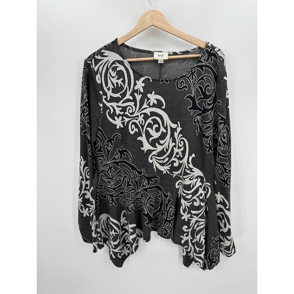 eci Womens Tunic Black White‎ Artsy Asymmetrical Flowy Loose Top Sz XL